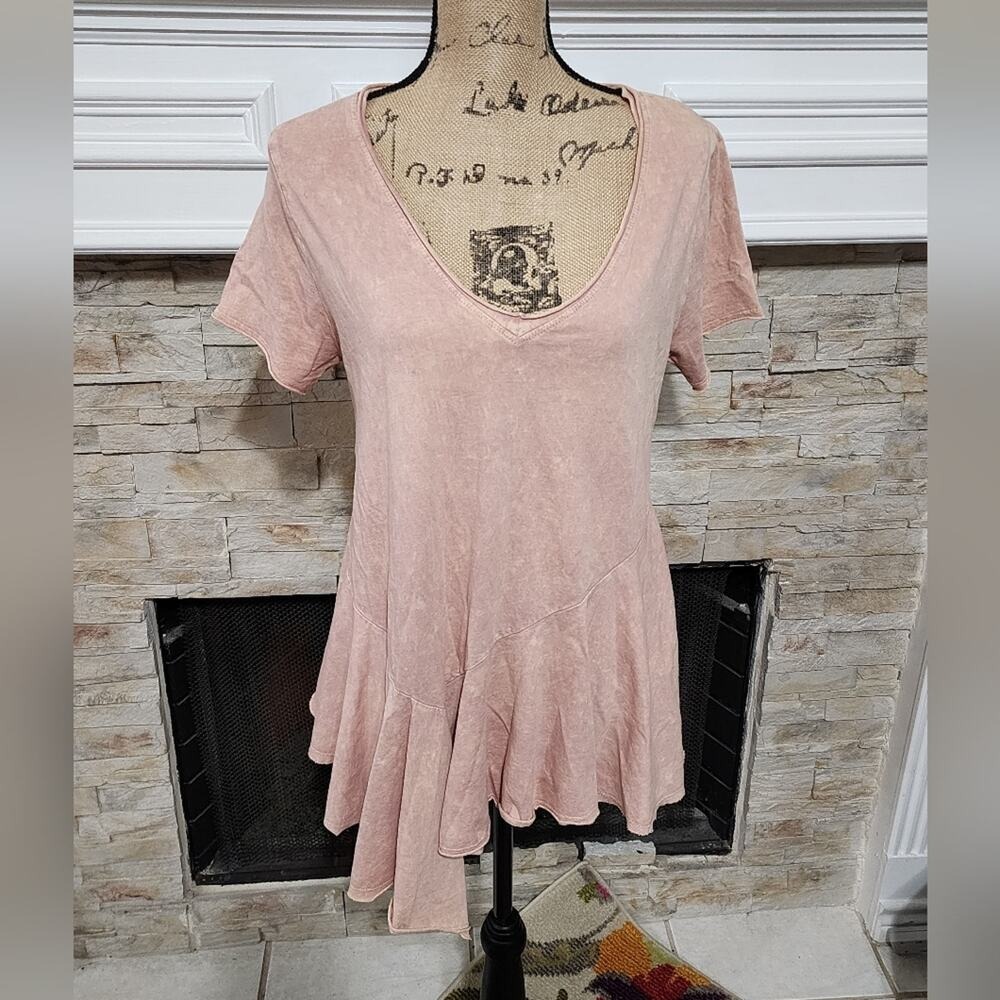 Eri + Ali Pink Mineral Wash Asymmetric Peplum V-Neck Cotton Top D7118-GA Small